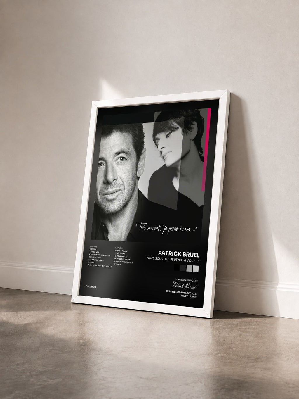 #blanc "Très souvent, je pense à vous..." de Patrick Bruel en lámina enmarcada vista de tres cuartos, marco blanco