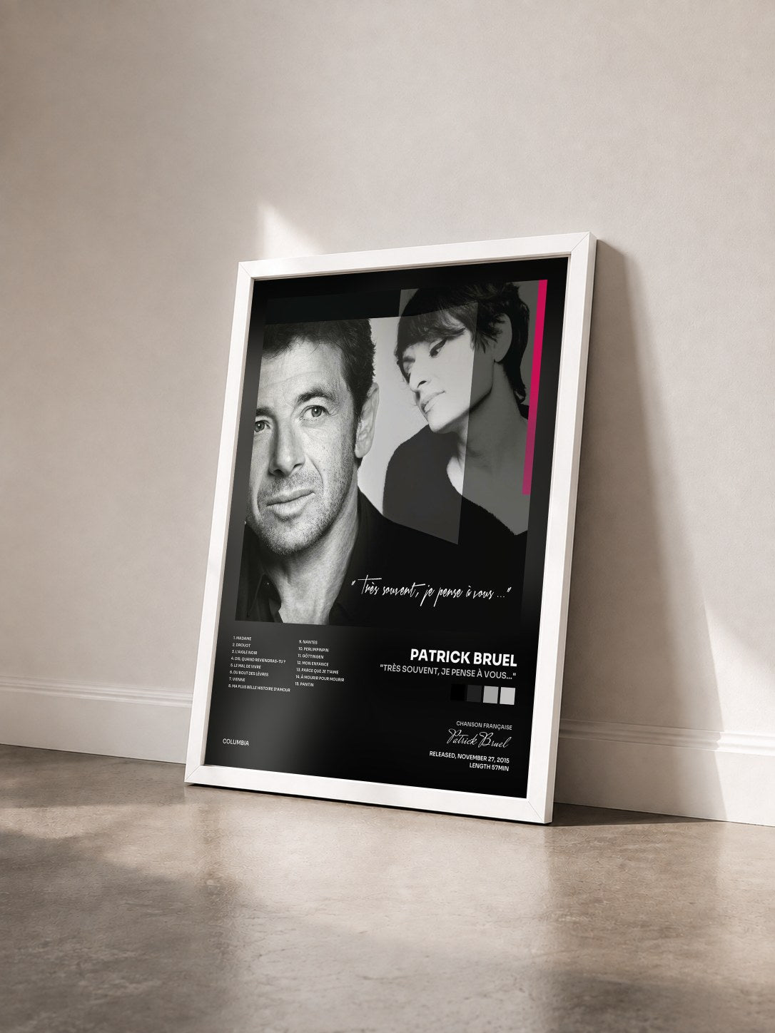 #blanc Tableau de l'album "Très souvent, je pense à vous..." de Patrick Bruel vu de trois quarts, cadre blanc