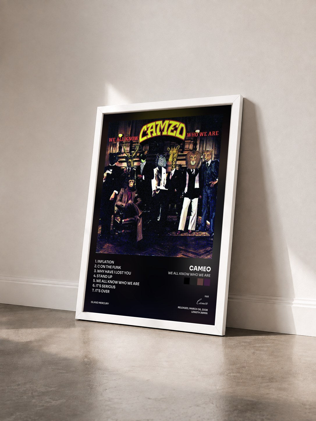 #blanc Tableau de l'album We All Know Who We Are de Cameo vu de trois quarts, cadre blanc