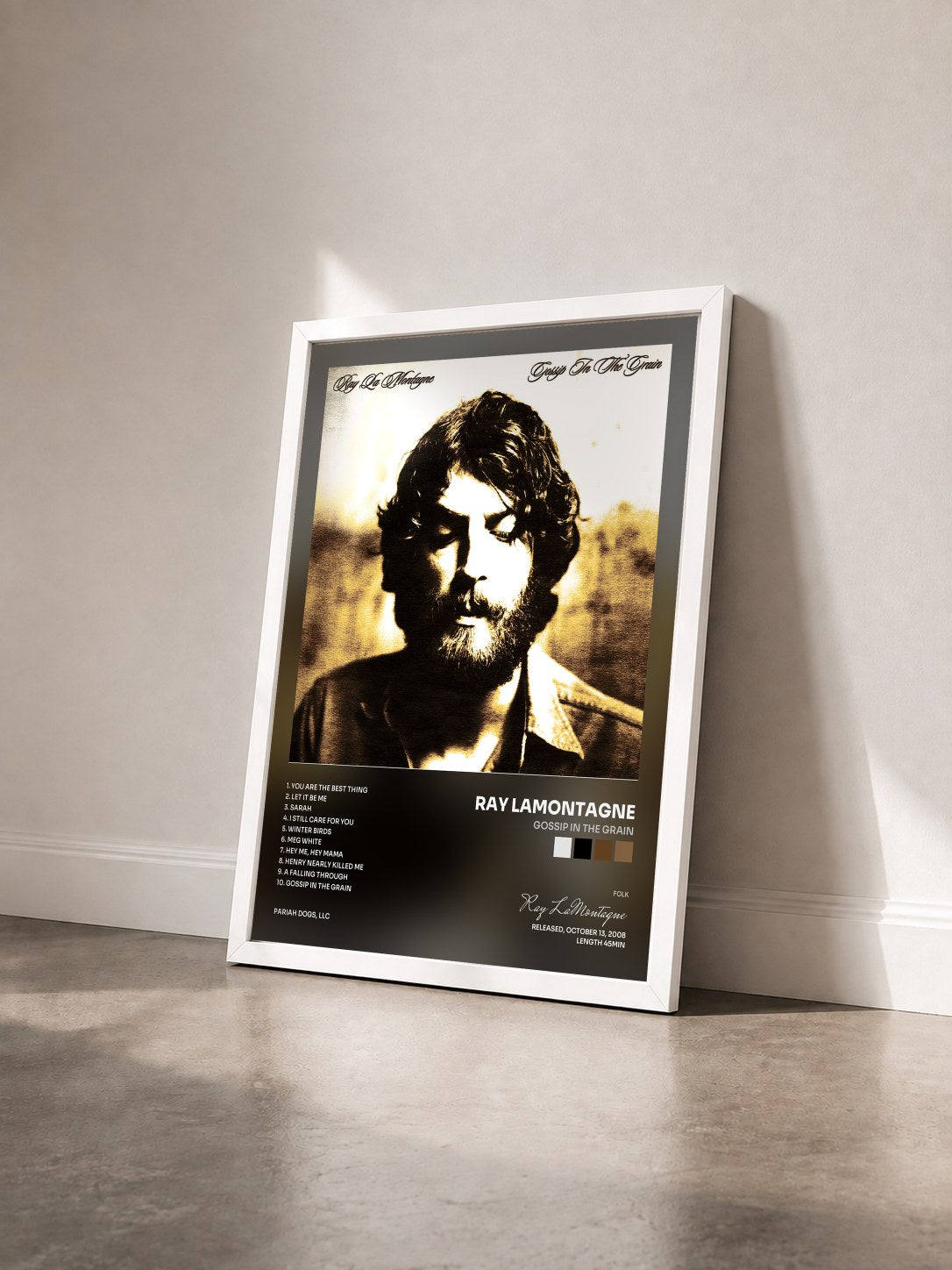 #blanc Tableau de l'album Gossip in the Grain de Ray LaMontagne vu de trois quarts, cadre blanc