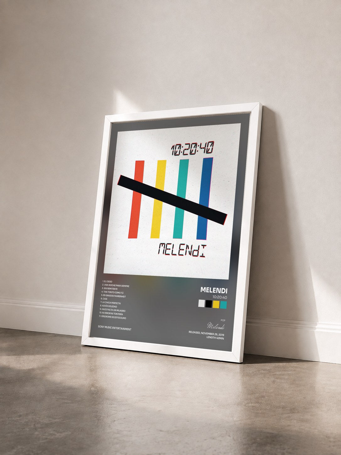 #blanc Tableau de l'album 10:20:40 de Melendi vu de trois quarts, cadre blanc