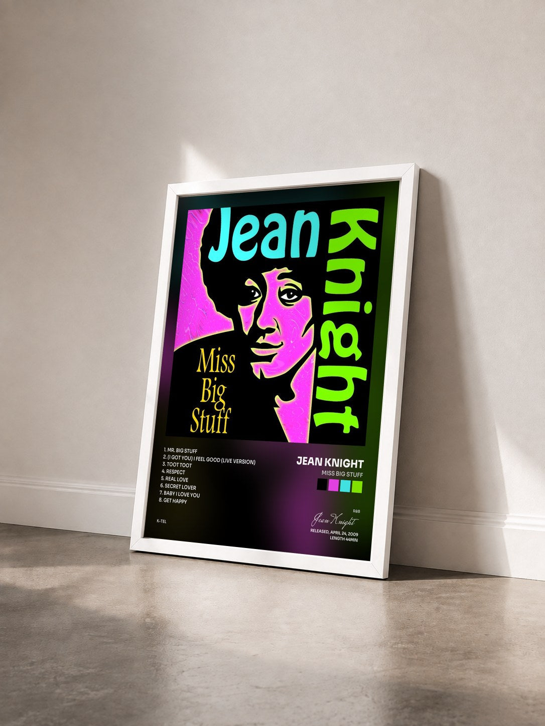 #blanc Tableau de l'album Miss Big Stuff de Jean Knight vu de trois quarts, cadre blanc