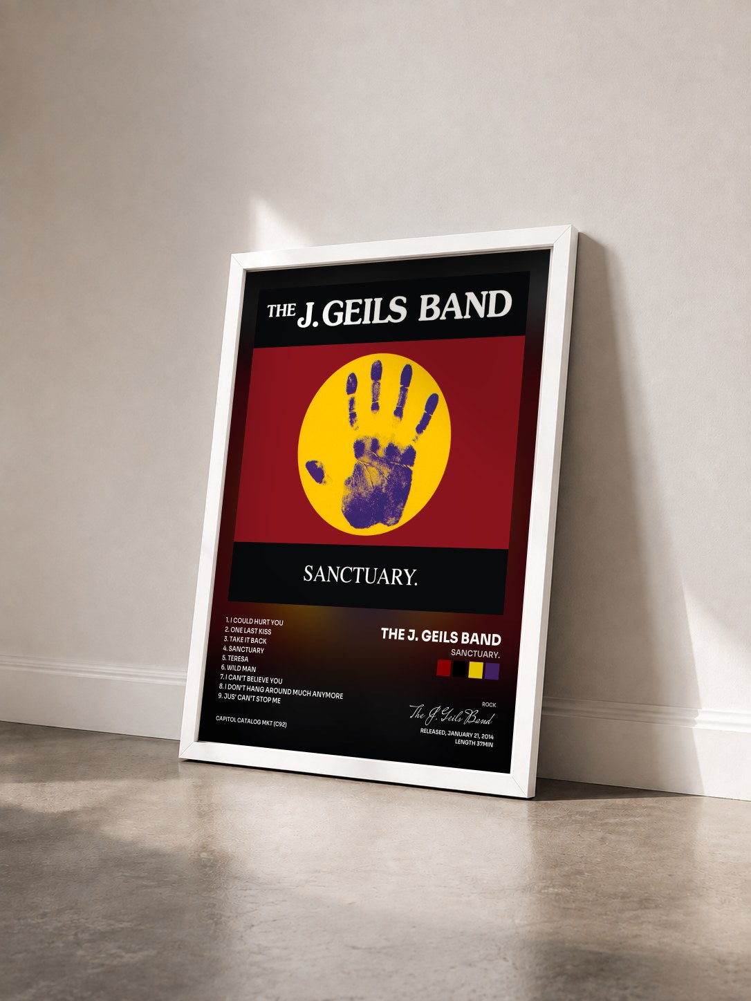#blanc Tableau de l'album Sanctuary. de The J. Geils Band vu de trois quarts, cadre blanc