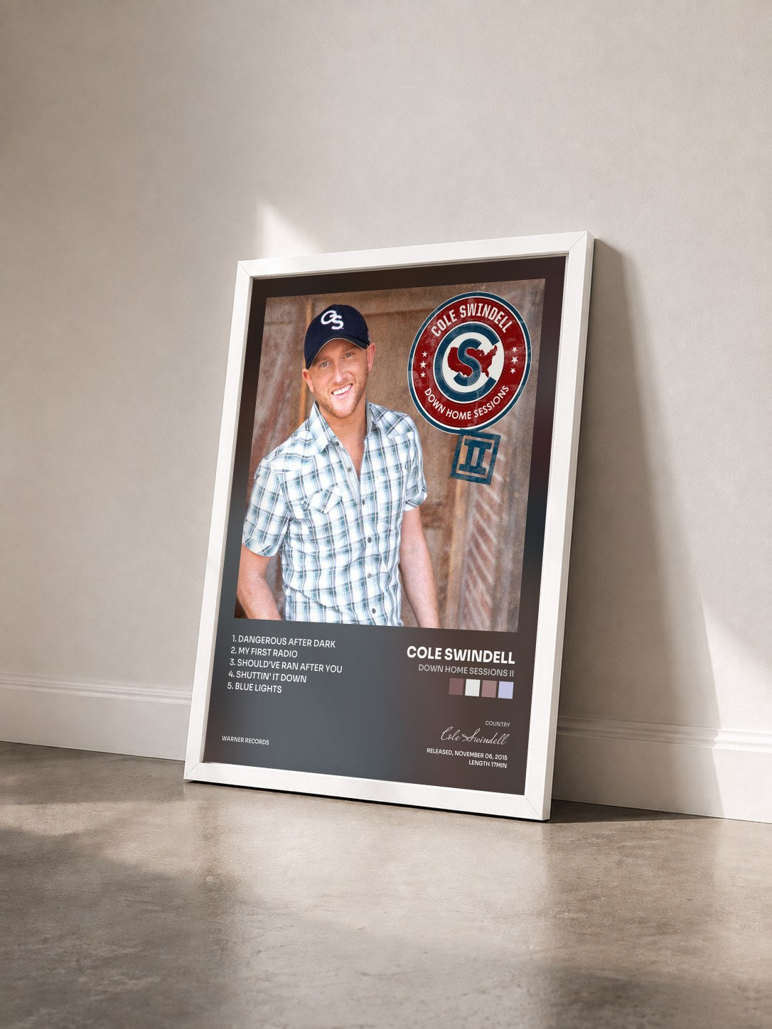 #blanc Tableau de l'album Down Home Sessions II de Cole Swindell vu de trois quarts, cadre blanc