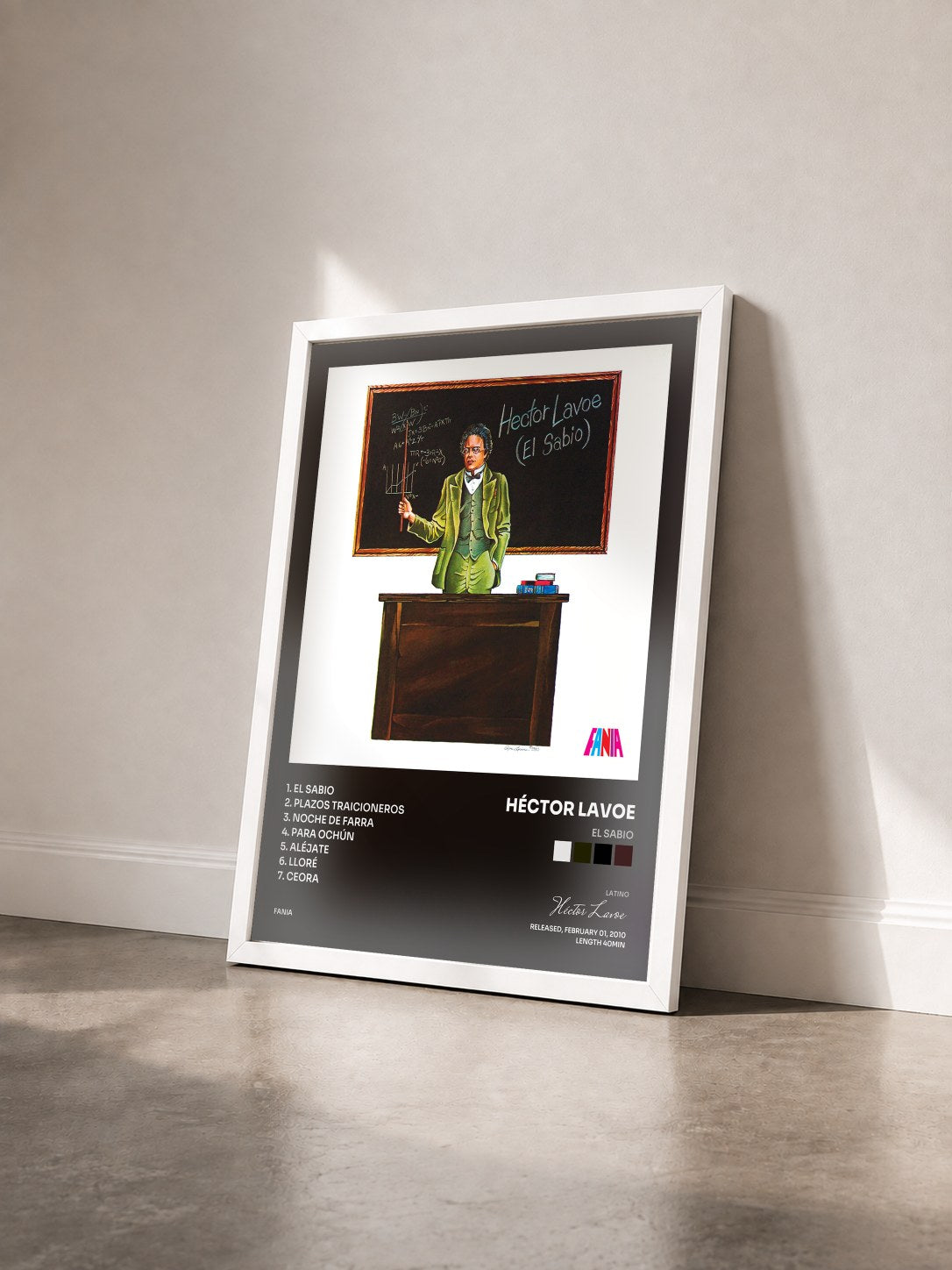 #blanc Tableau de l'album El Sabio de Héctor Lavoe vu de trois quarts, cadre blanc
