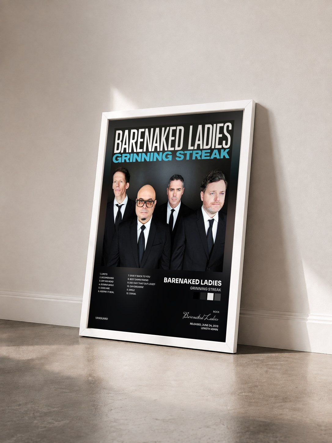 #blanc Tableau de l'album Grinning Streak de Barenaked Ladies vu de trois quarts, cadre blanc