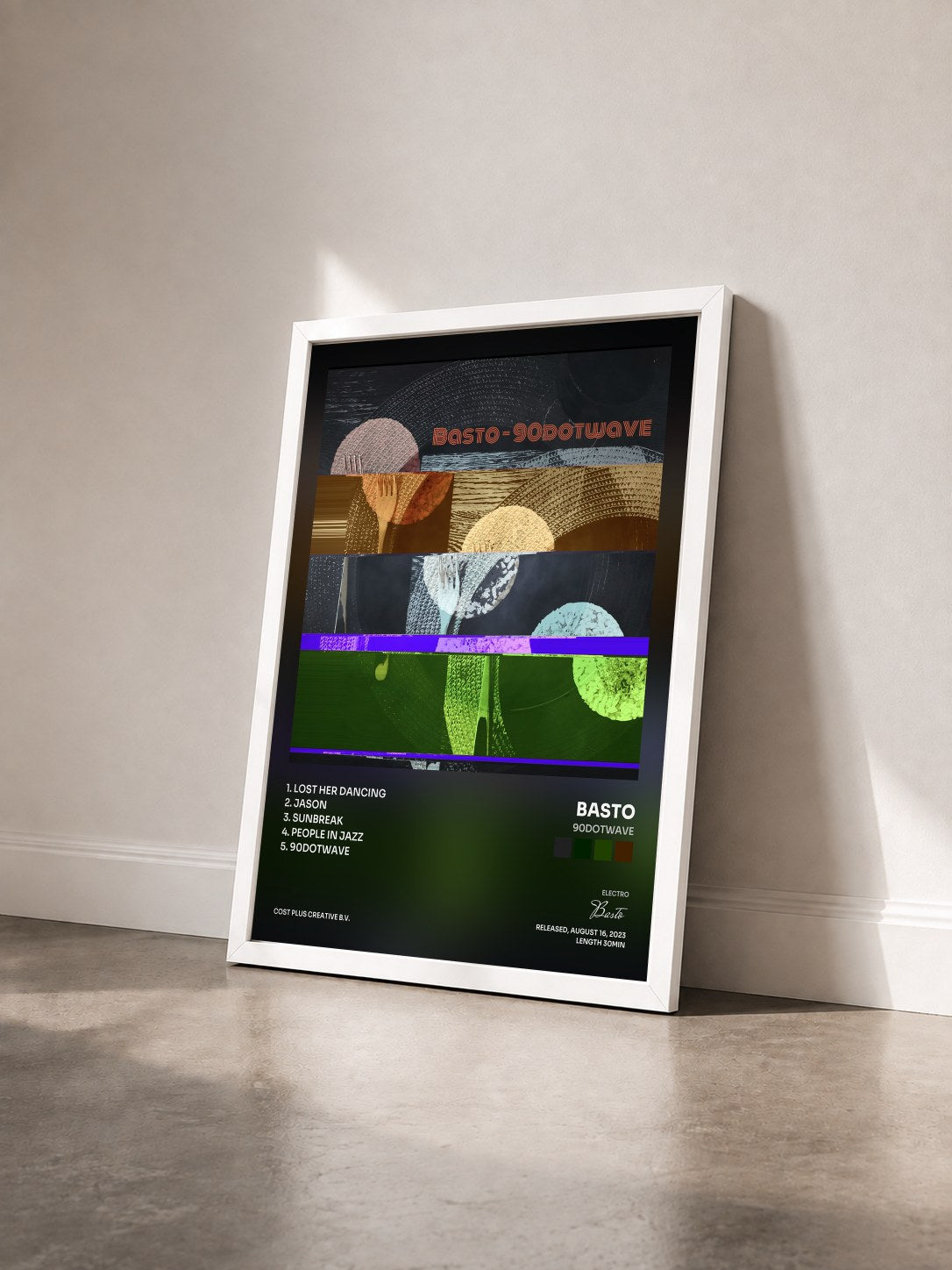 #blanc Tableau de l'album 90DotWave de Basto vu de trois quarts, cadre blanc