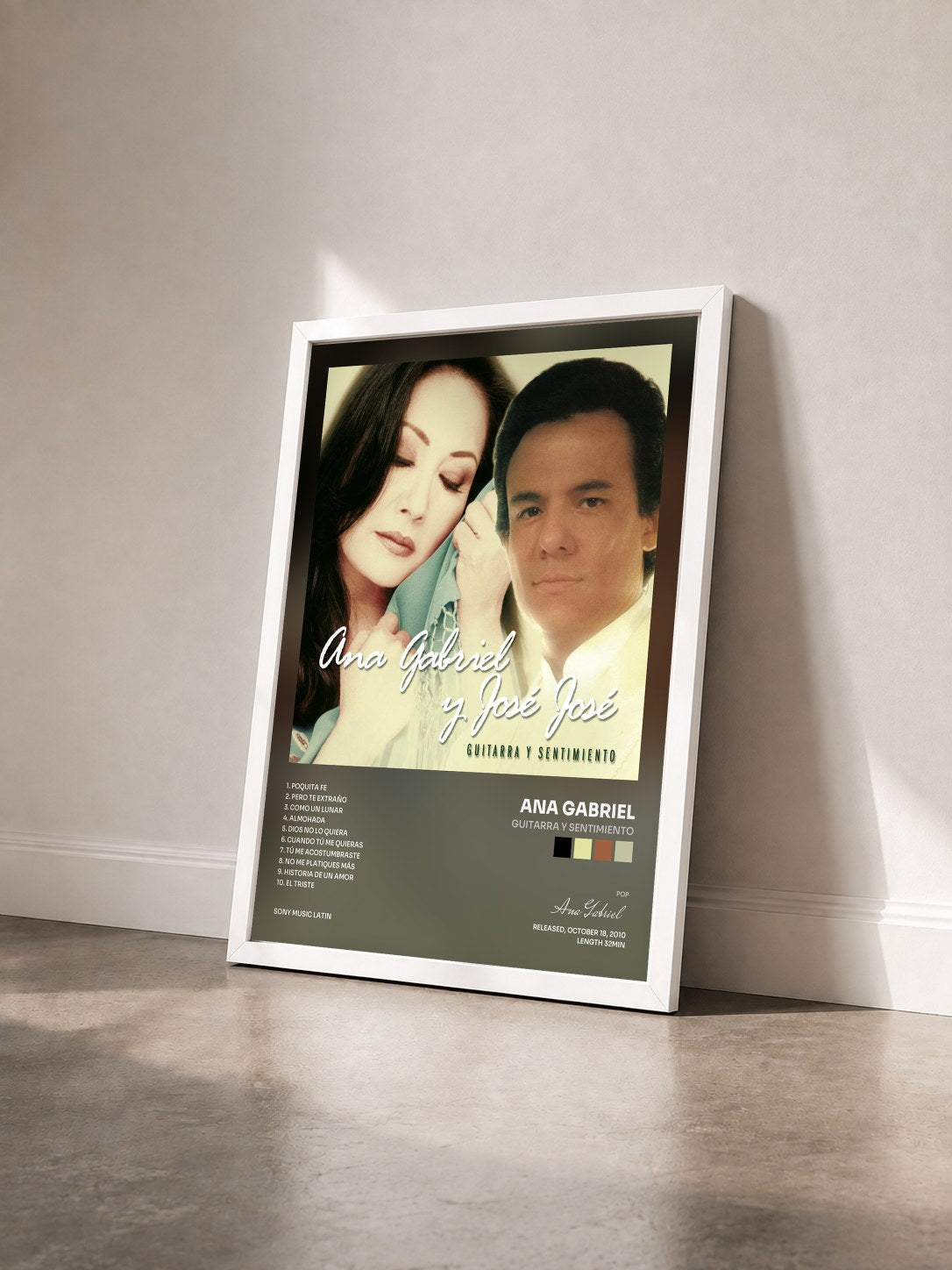 #blanc Tableau de l'album Guitarra y Sentimiento de Ana Gabriel vu de trois quarts, cadre blanc