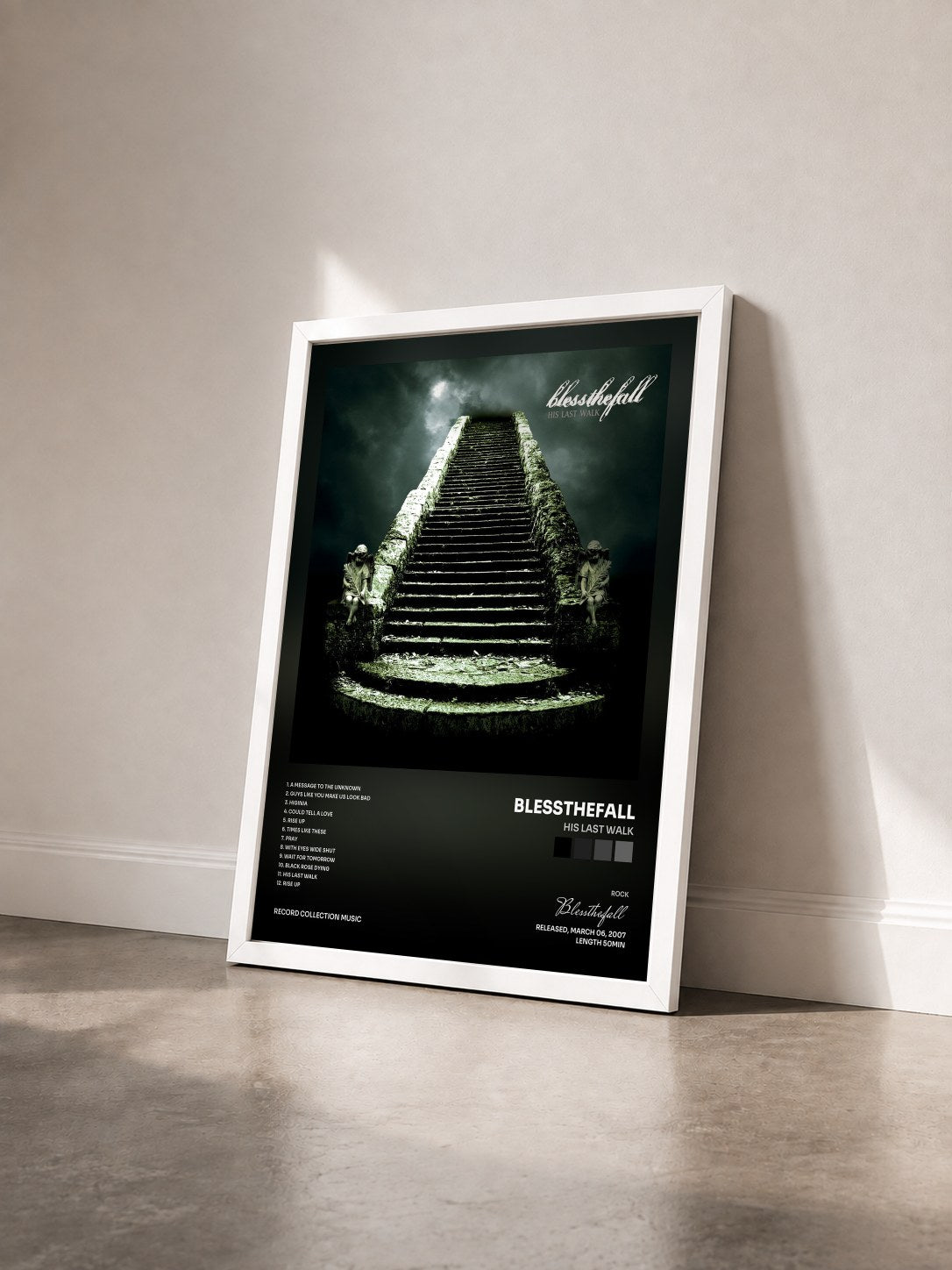 #blanc Tableau de l'album His Last Walk de Blessthefall vu de trois quarts, cadre blanc