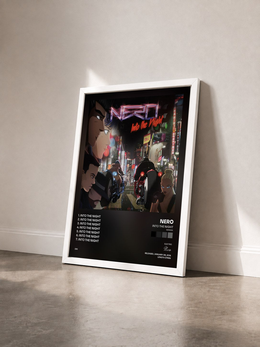 #blanc Tableau de l'album Into The Night (Remixes) de Nero vu de trois quarts, cadre blanc