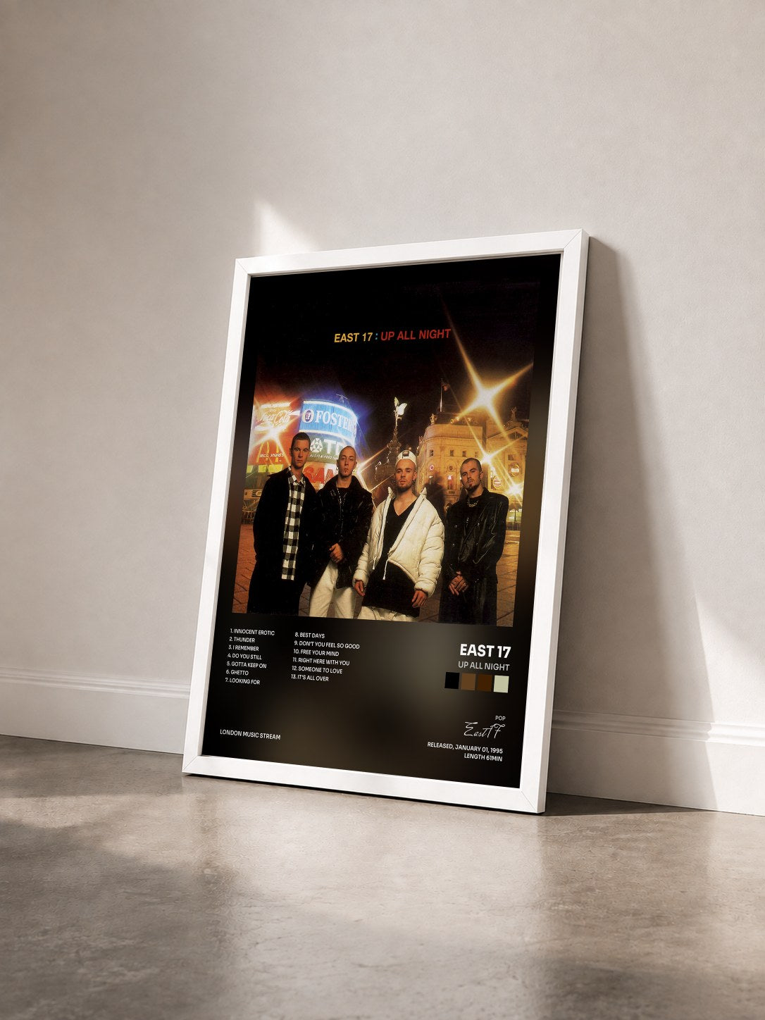 #blanc Tableau de l'album Up All Night de East 17 vu de trois quarts, cadre blanc