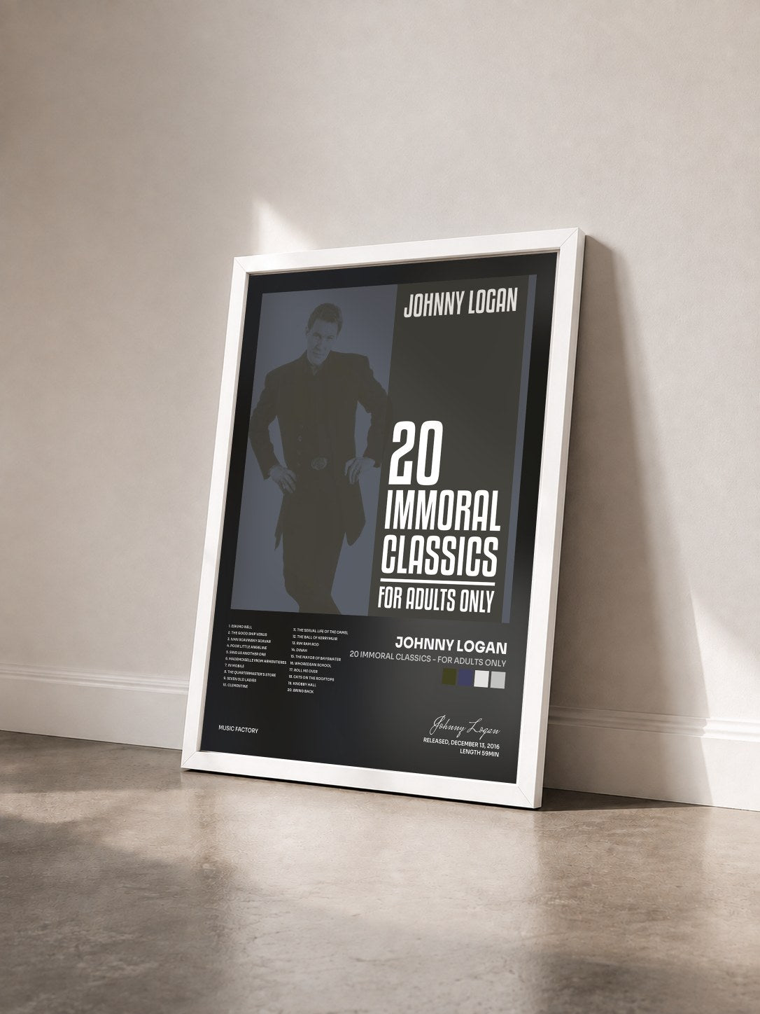 #blanc Tableau de l'album 20 Immoral Classics - For Adults Only de Johnny Logan vu de trois quarts, cadre blanc