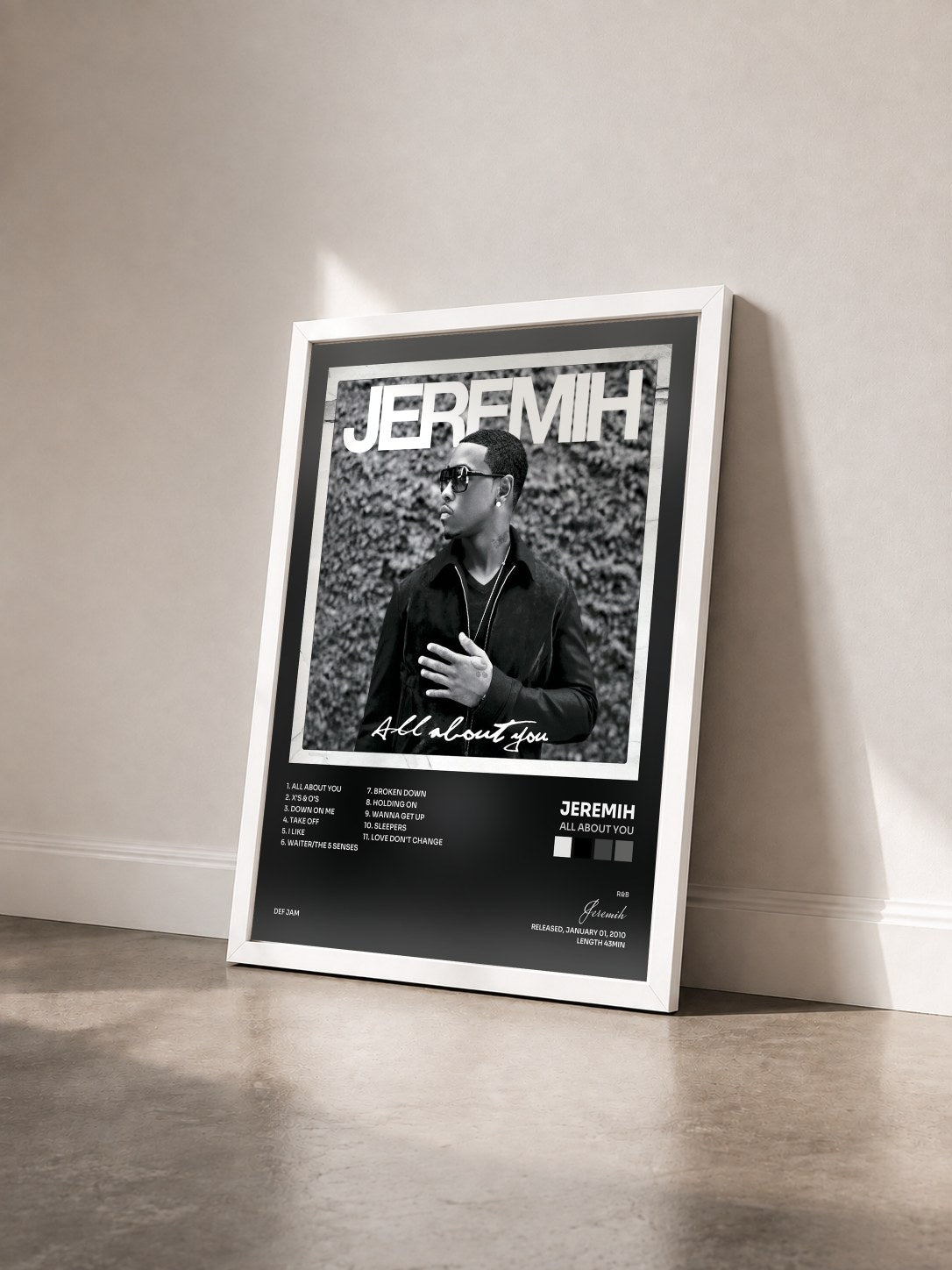#blanc Tableau de l'album All About You de Jeremih vu de trois quarts, cadre blanc