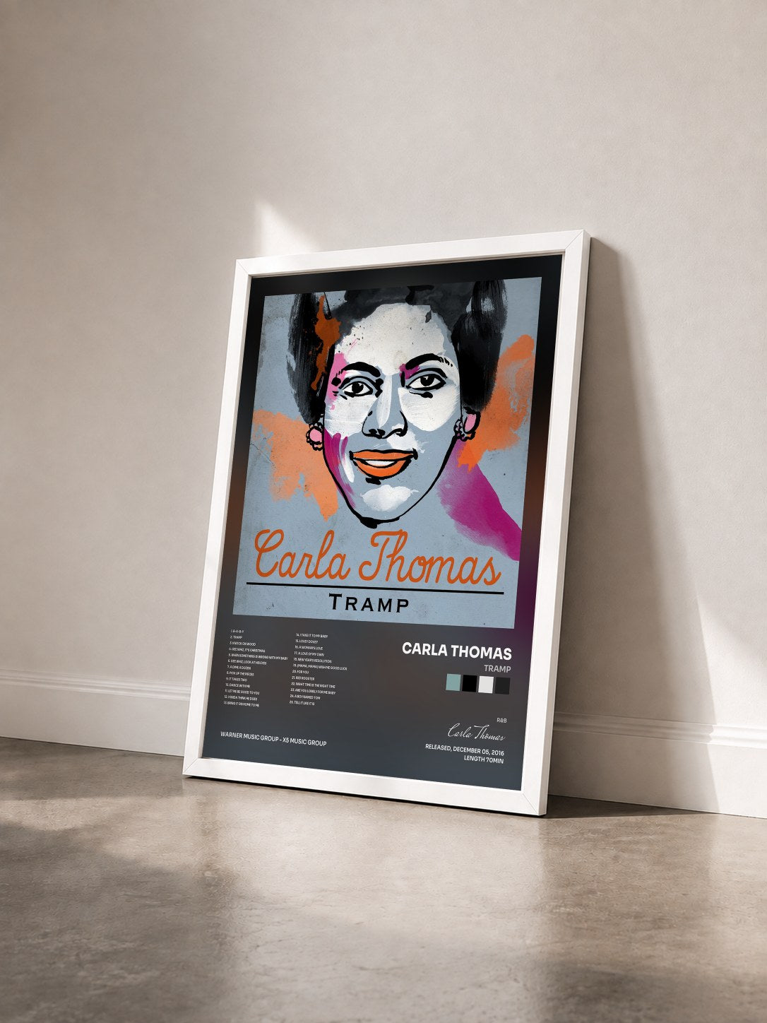 #blanc Tableau de l'album Tramp de Carla Thomas vu de trois quarts, cadre blanc