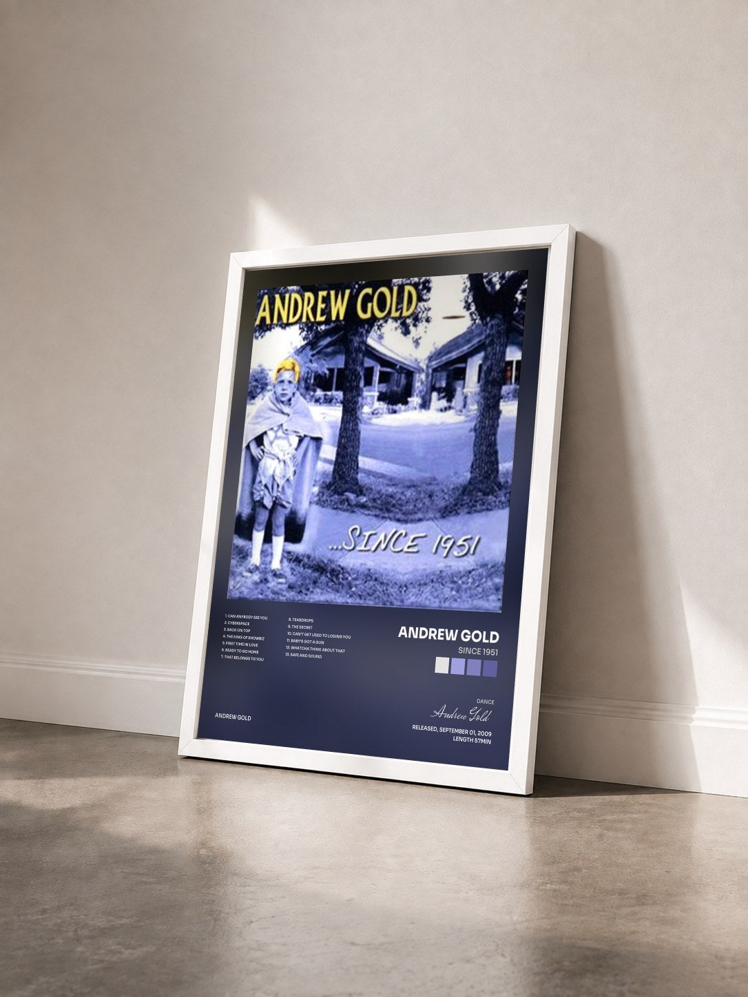 #blanc Tableau de l'album Since 1951 de Andrew Gold vu de trois quarts, cadre blanc