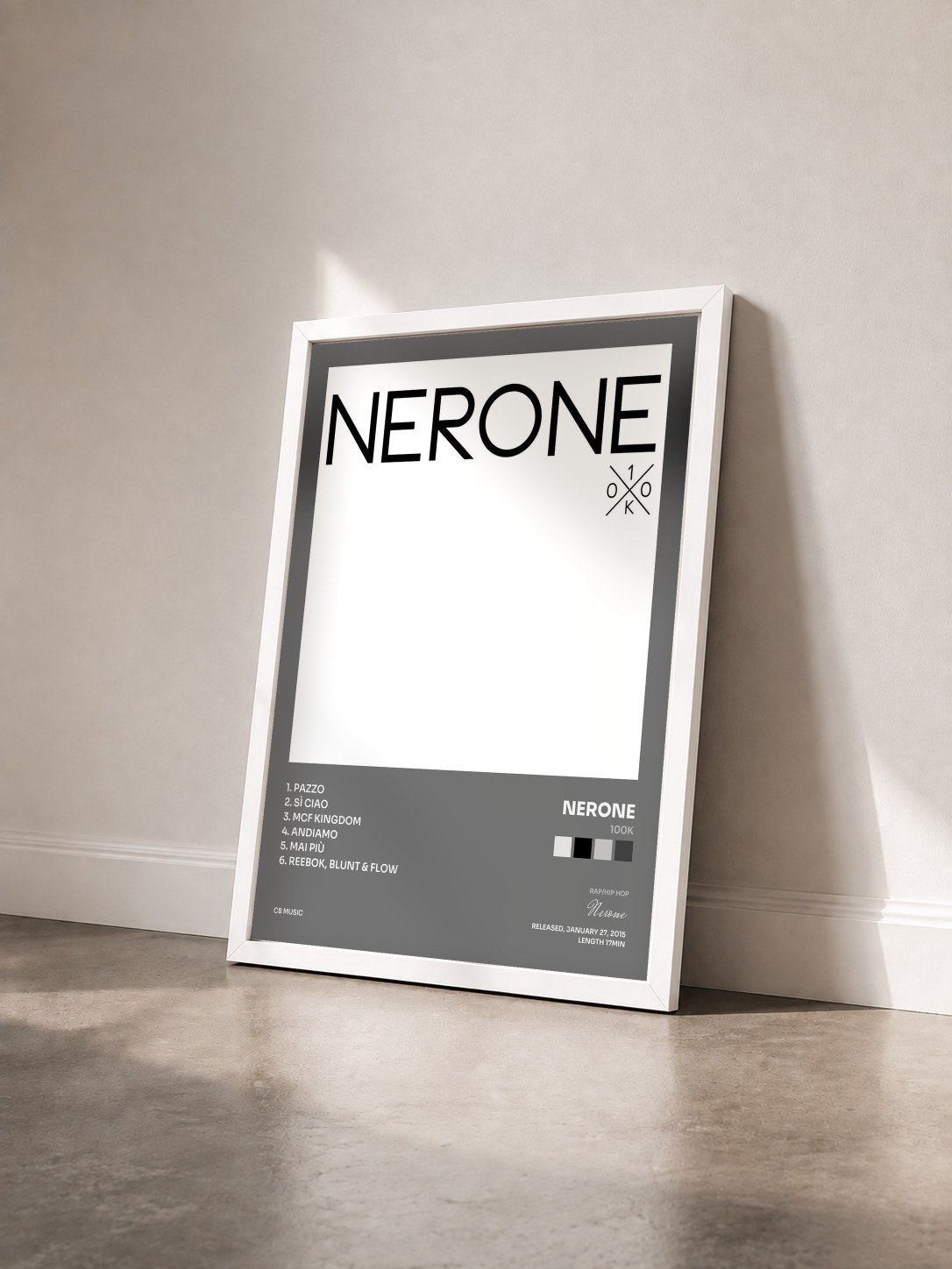 #blanc Tableau de l'album 100K de Nerone vu de trois quarts, cadre blanc