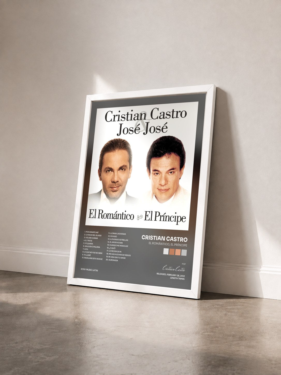 #blanc Tableau de l'album El Romántico, El Príncipe de Cristian Castro vu de trois quarts, cadre blanc
