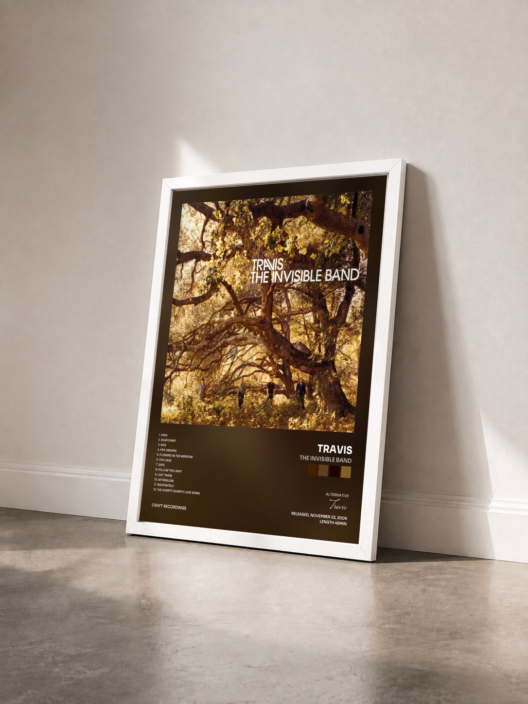 #blanc Tableau de l'album The Invisible Band de Travis vu de trois quarts, cadre blanc