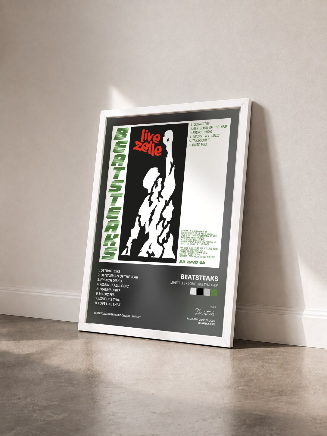 #blanc Tableau de l'album LIVEZELLE / Love Like That-EP de Beatsteaks vu de trois quarts, cadre blanc