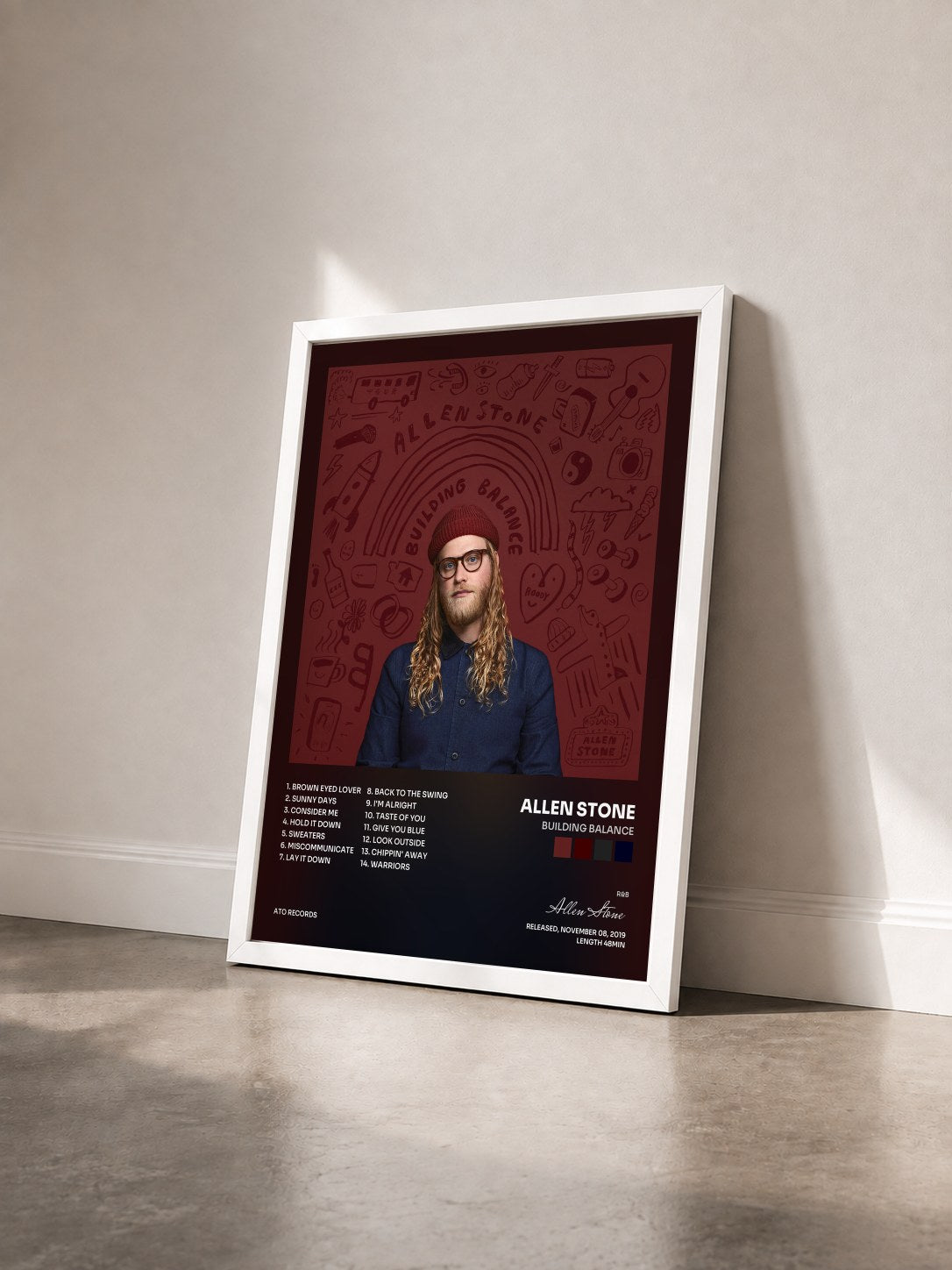 #blanc Tableau de l'album Building Balance de Allen Stone vu de trois quarts, cadre blanc