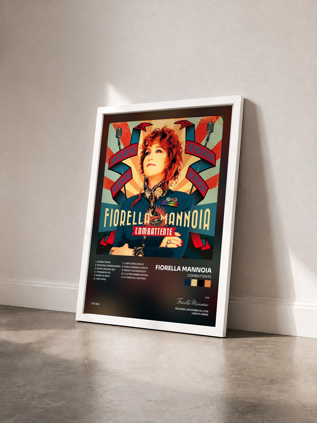 #blanc Tableau de l'album Combattente de Fiorella Mannoia vu de trois quarts, cadre blanc