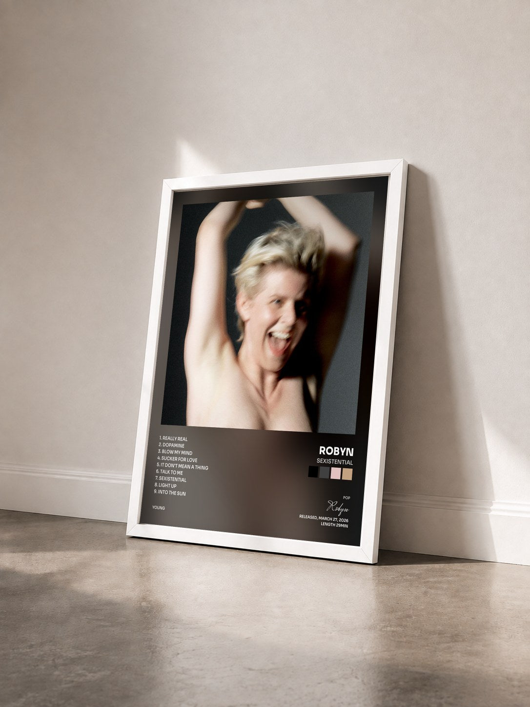 #blanc Tableau de l'album Sexistential de Robyn vu de trois quarts, cadre blanc
