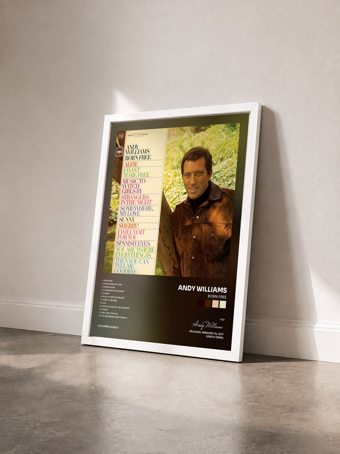 #blanc Tableau de l'album Born Free de Andy Williams vu de trois quarts, cadre blanc