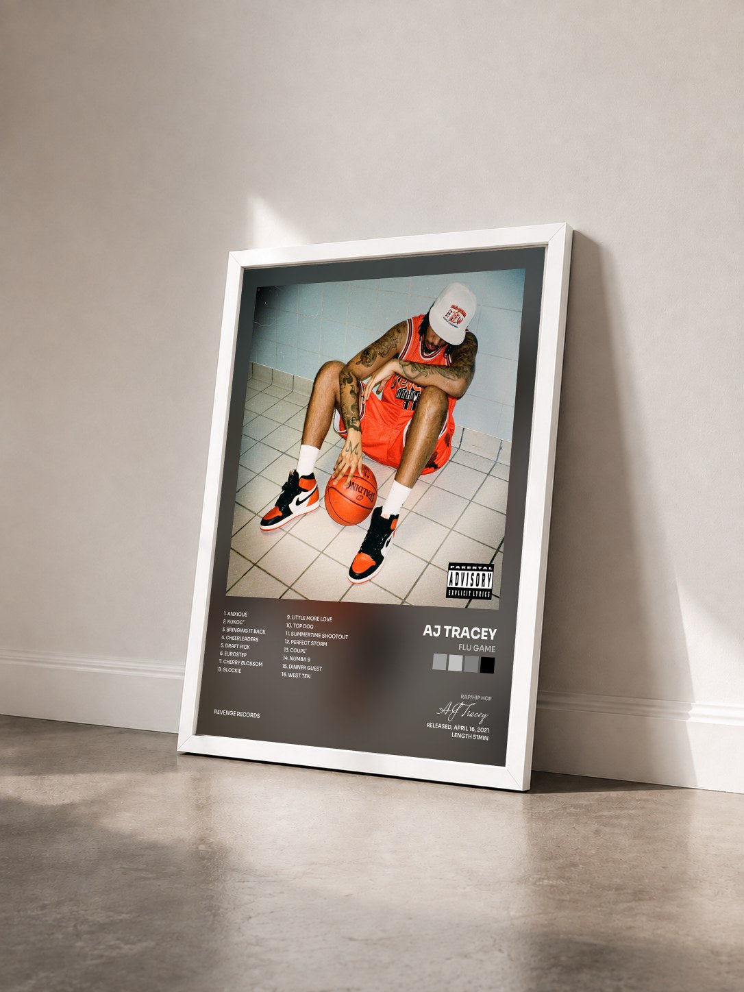 #blanc Tableau de l'album Flu Game de AJ Tracey vu de trois quarts, cadre blanc