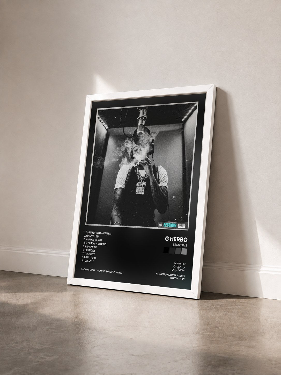 #blanc Tableau de l'album Sessions de G Herbo vu de trois quarts, cadre blanc