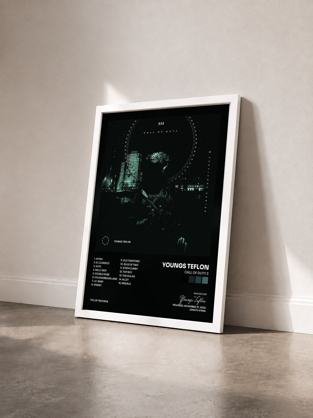#blanc Tableau de l'album Call of Duty 3 de Youngs Teflon vu de trois quarts, cadre blanc