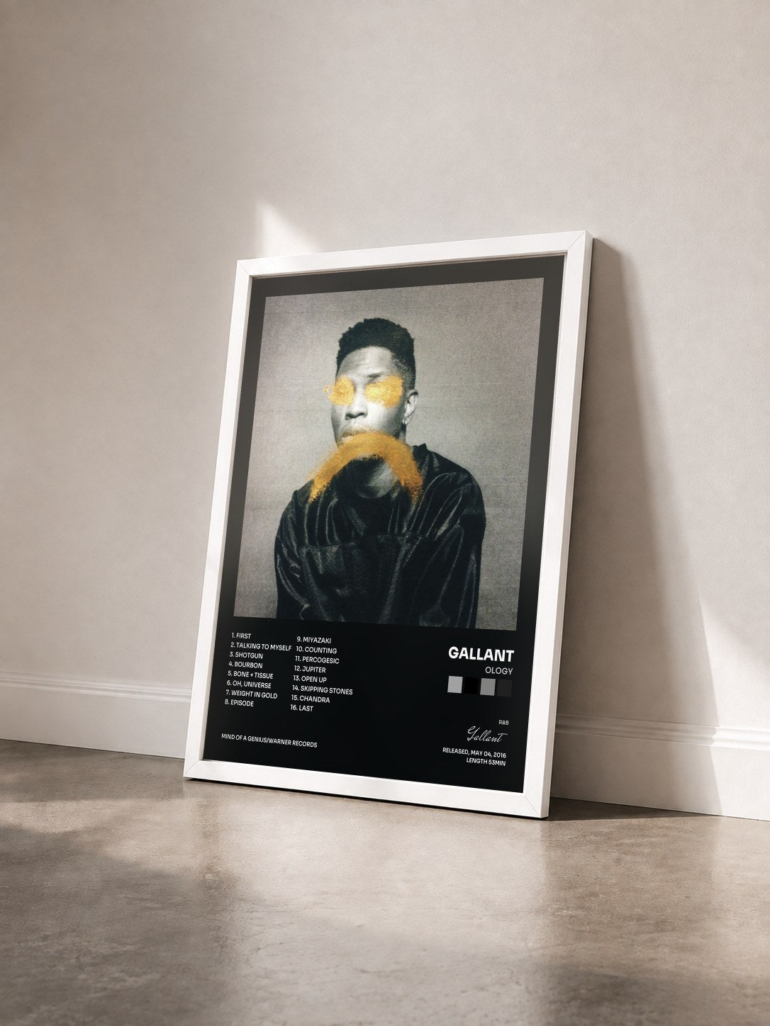 #blanc Tableau de l'album Ology de Gallant vu de trois quarts, cadre blanc