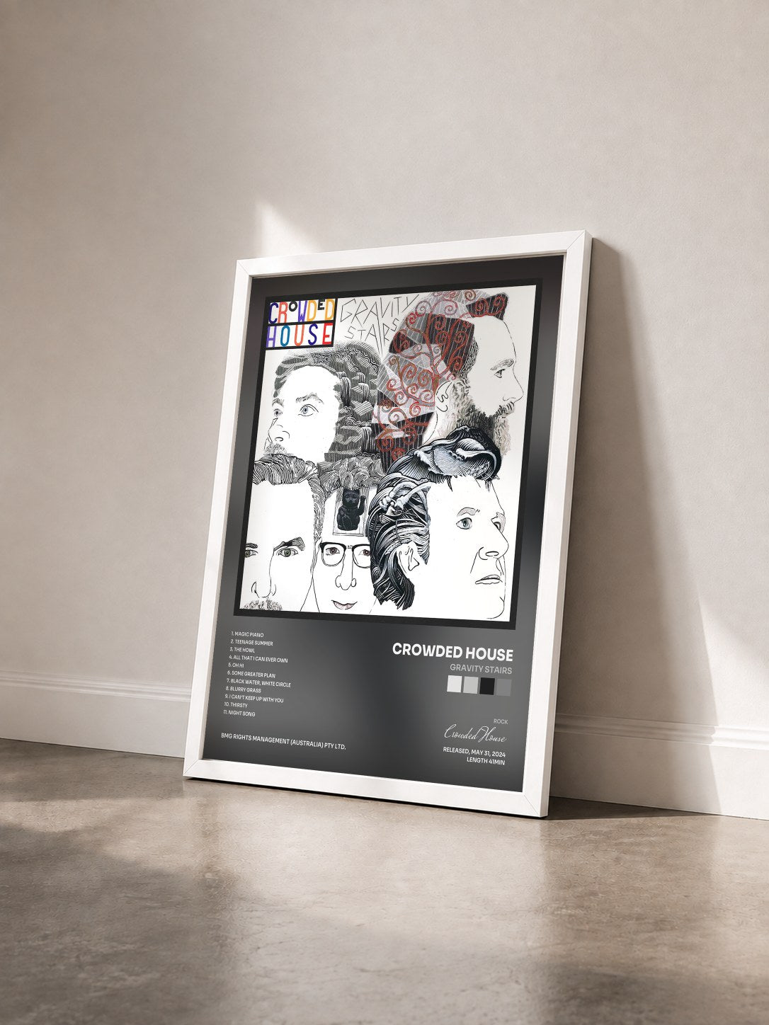 #blanc Tableau de l'album Gravity Stairs de Crowded House vu de trois quarts, cadre blanc