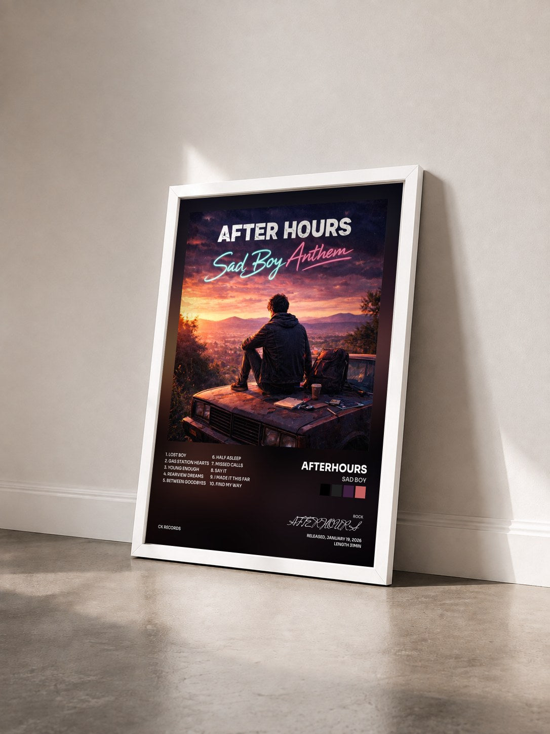 #blanc Tableau de l'album Sad Boy de AFTERHOURS vu de trois quarts, cadre blanc