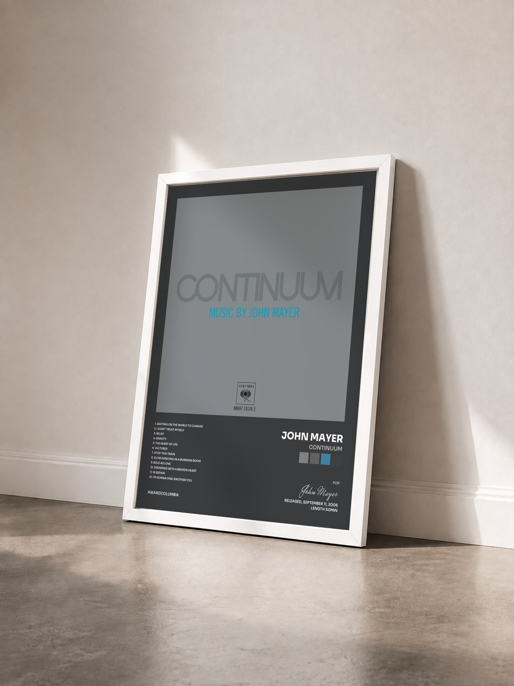 #blanc Tableau de l'album Continuum de John Mayer vu de trois quarts, cadre blanc