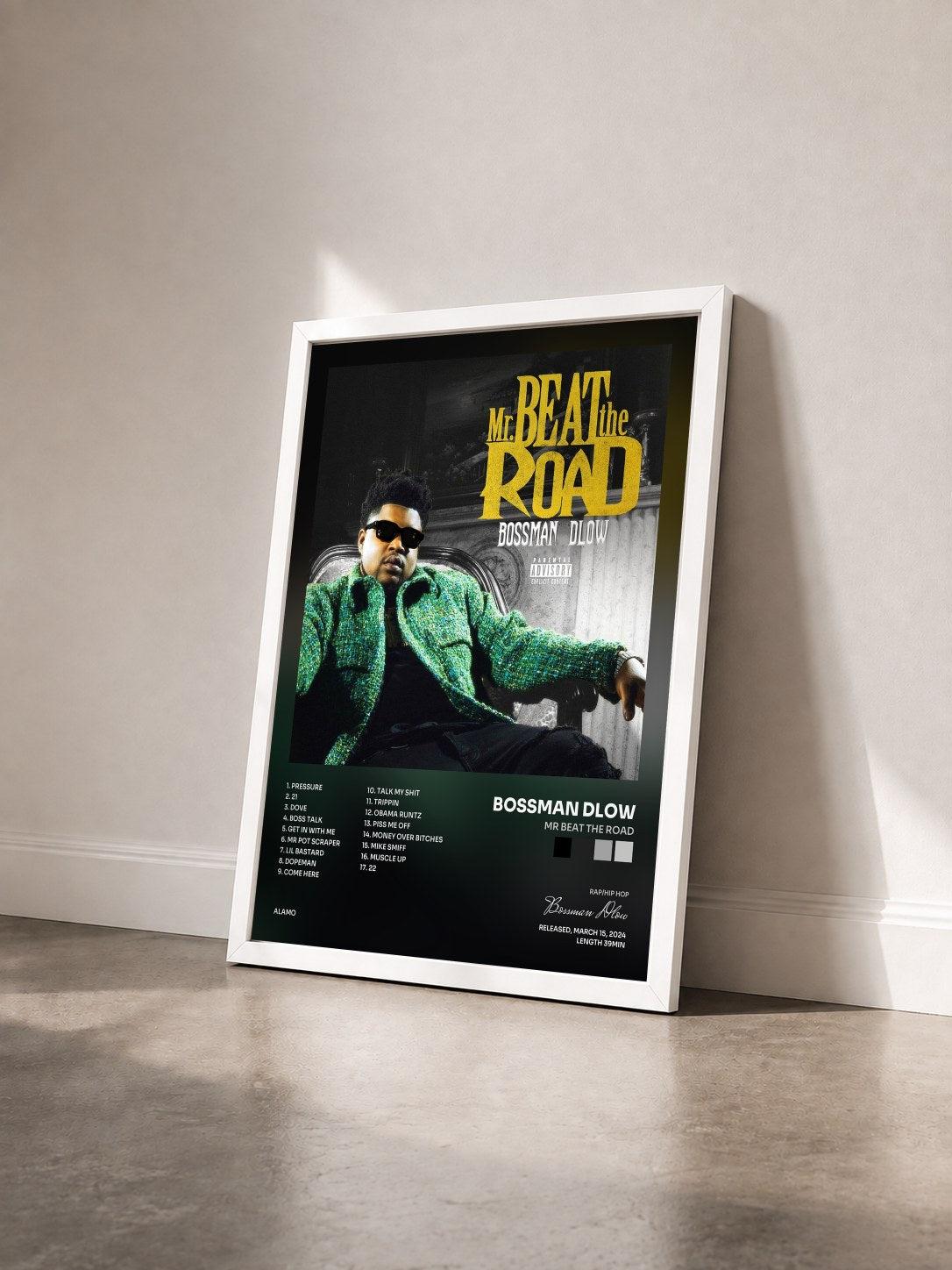 #blanc Tableau de l'album Mr Beat The Road de Bossman Dlow vu de trois quarts, cadre blanc