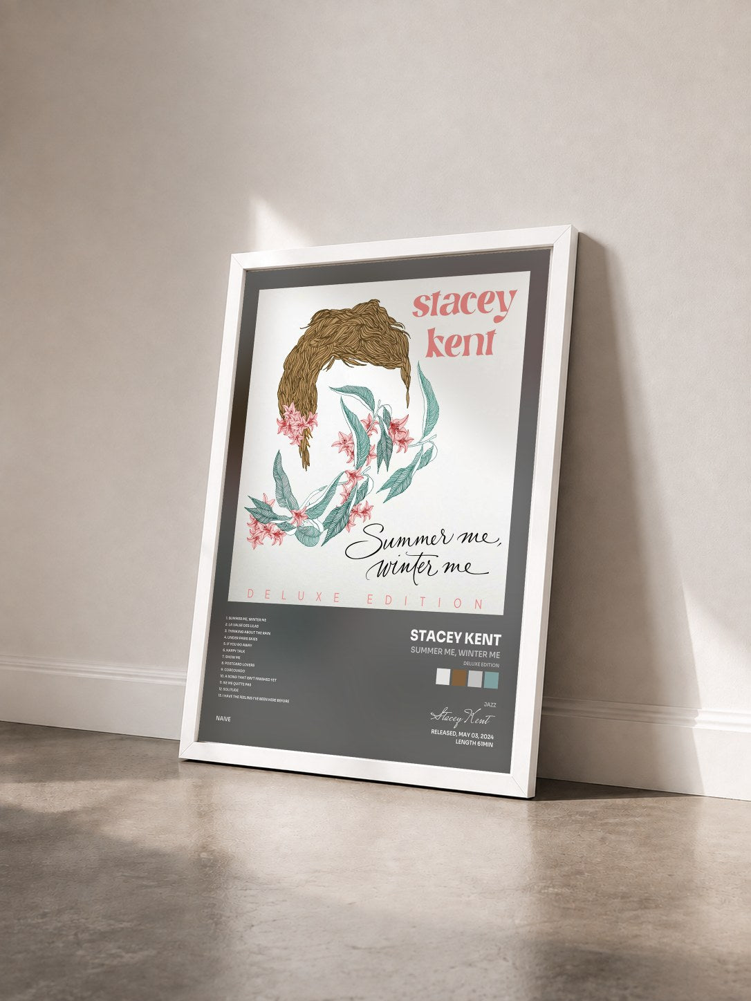 #blanc Tableau de l'album Summer Me, Winter Me (Deluxe Edition) de Stacey Kent vu de trois quarts, cadre blanc
