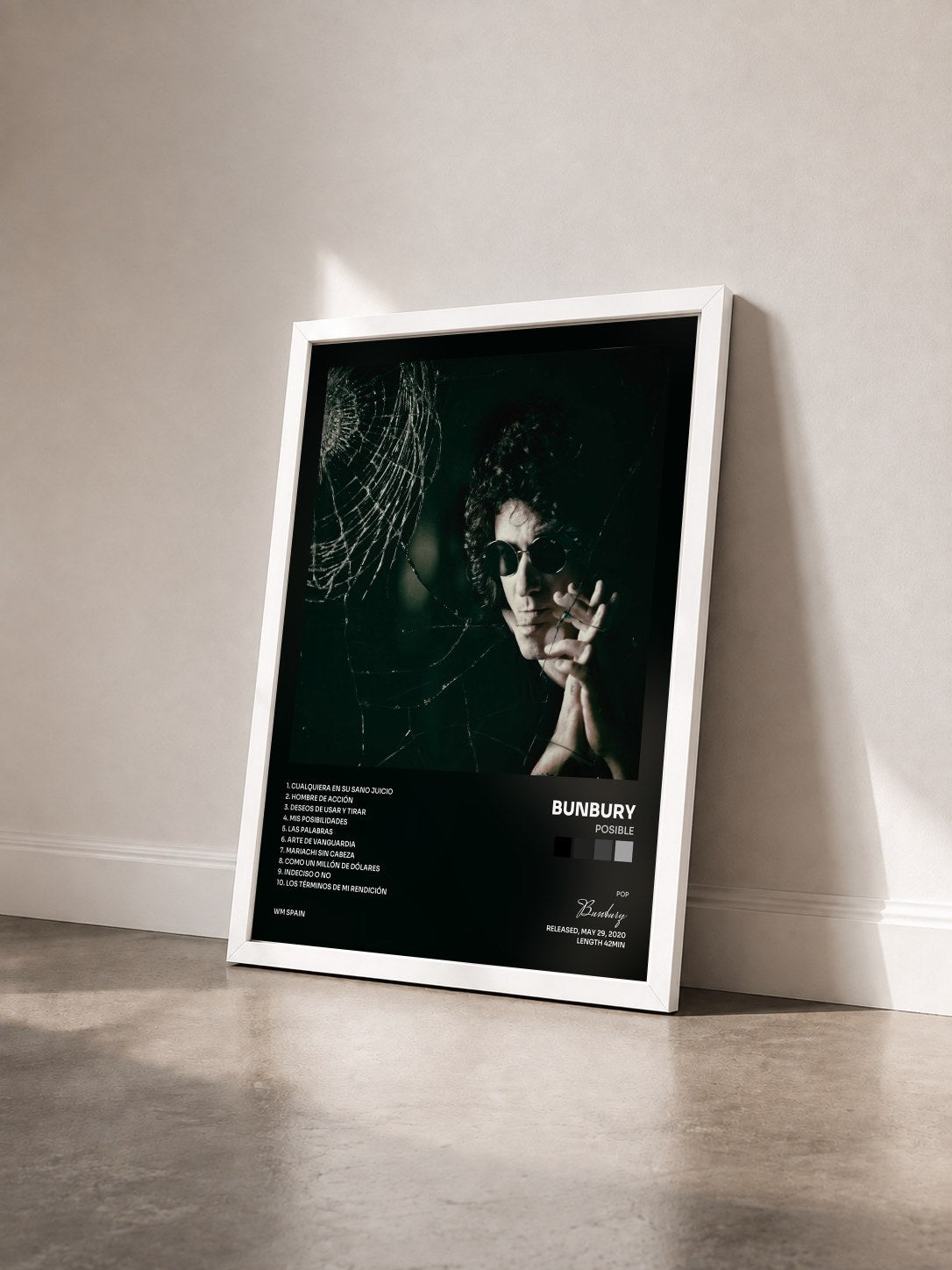 #blanc Tableau de l'album Posible de Bunbury vu de trois quarts, cadre blanc