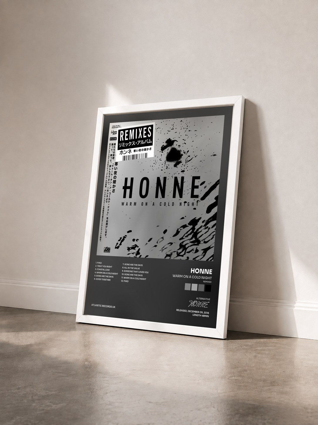 #blanc Tableau de l'album Warm on a Cold Night (Remixed) de HONNE vu de trois quarts, cadre blanc
