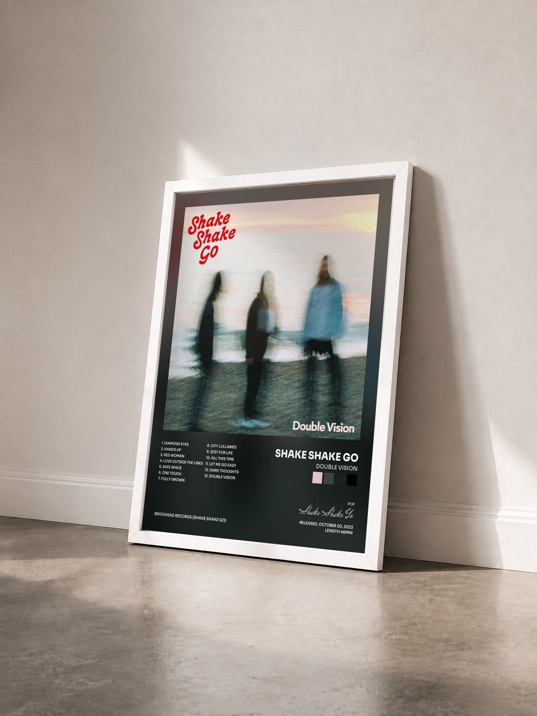 #blanc Tableau de l'album Double Vision de Shake Shake Go vu de trois quarts, cadre blanc