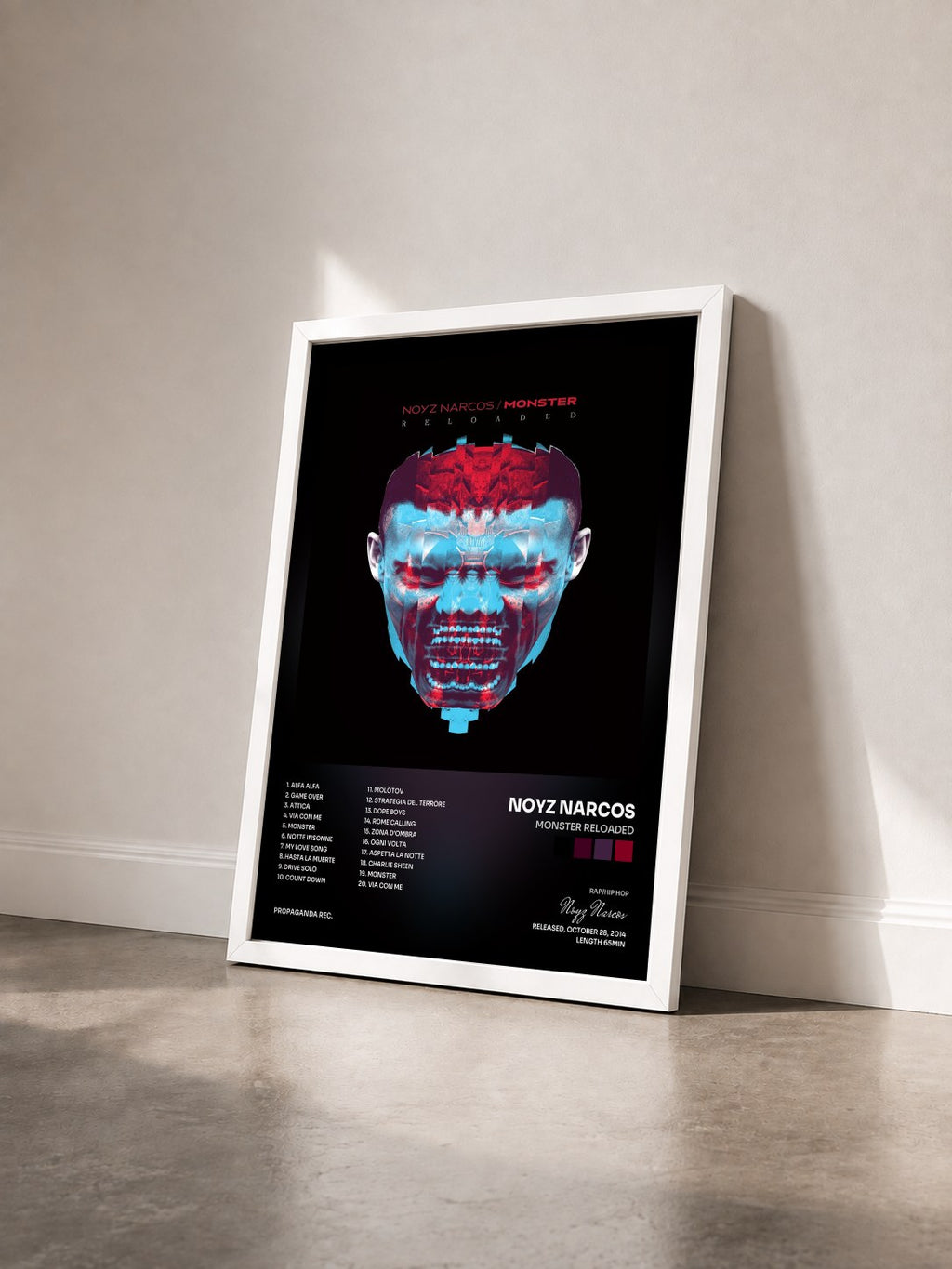 #blanc Tableau de l'album Monster Reloaded de Noyz Narcos vu de trois quarts, cadre blanc
