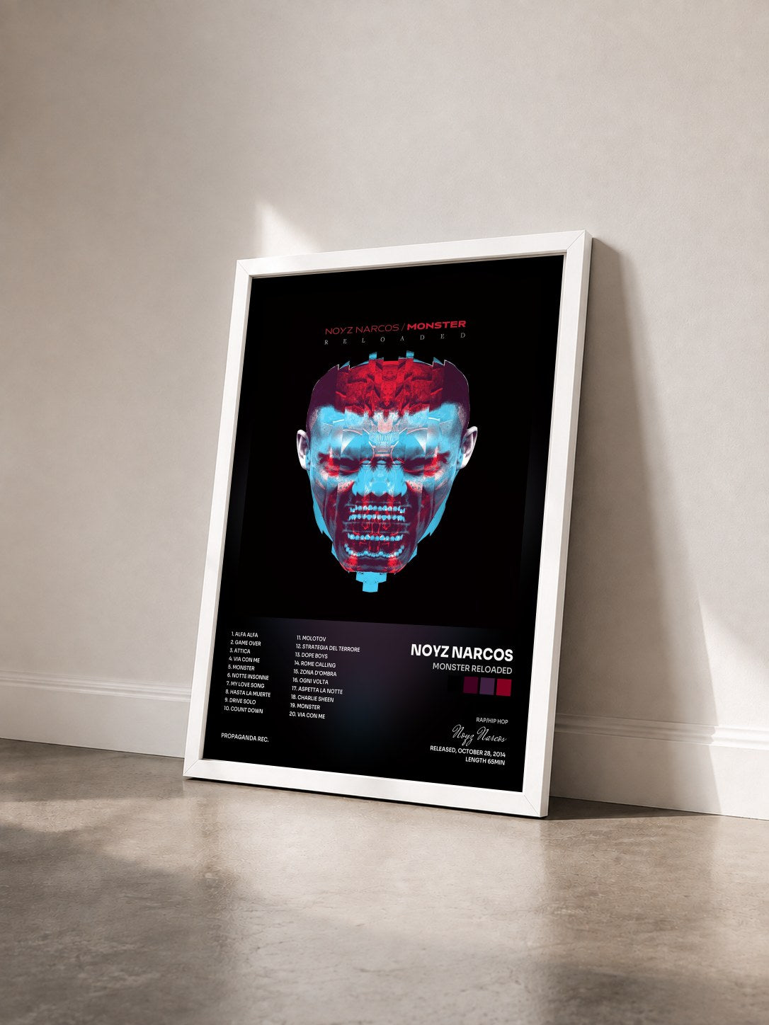 #blanc Tableau de l'album Monster Reloaded de Noyz Narcos vu de trois quarts, cadre blanc
