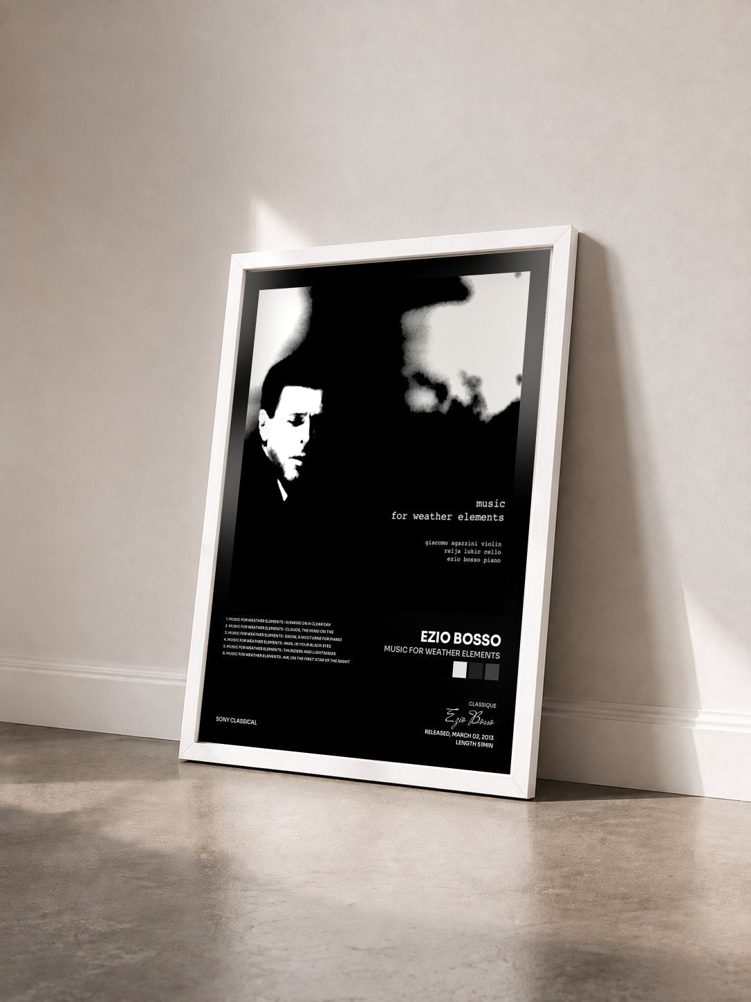 #blanc Tableau de l'album Music for Weather Elements de Ezio Bosso vu de trois quarts, cadre blanc