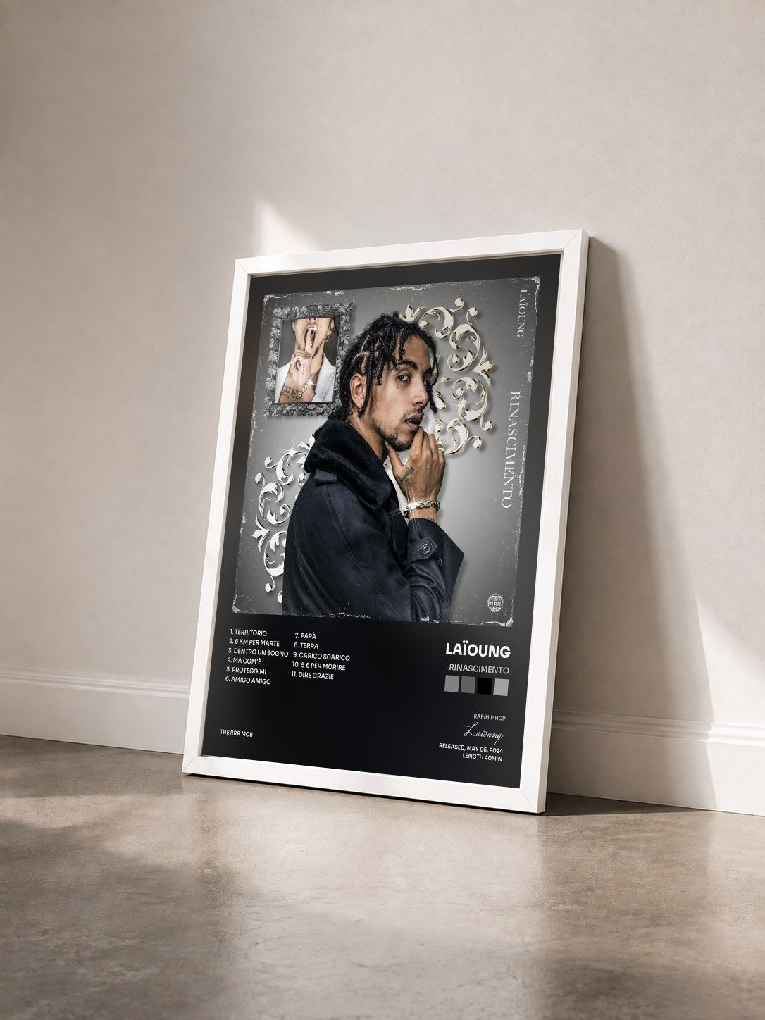 #blanc Tableau de l'album Rinascimento de Laïoung vu de trois quarts, cadre blanc