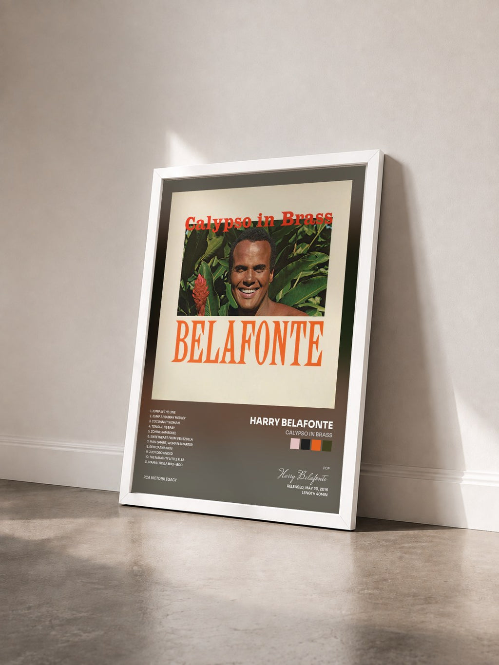 #blanc Tableau de l'album Calypso In Brass de Harry Belafonte vu de trois quarts, cadre blanc