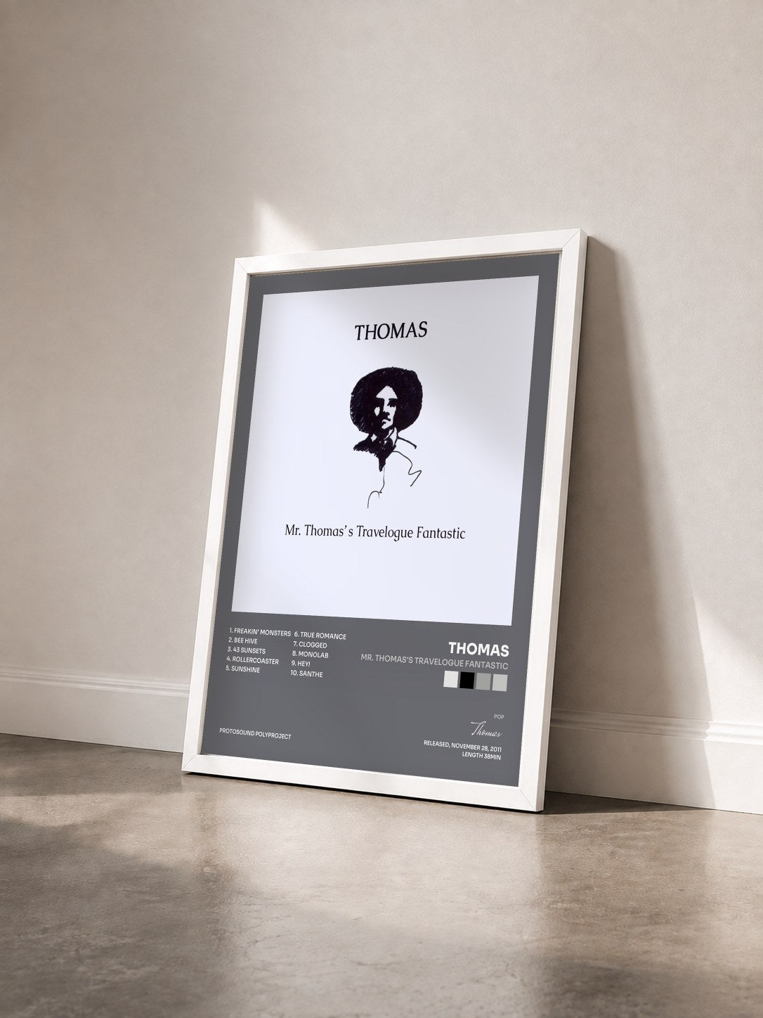 #blanc Tableau de l'album Mr. Thomas's Travelogue Fantastic de Thomas vu de trois quarts, cadre blanc