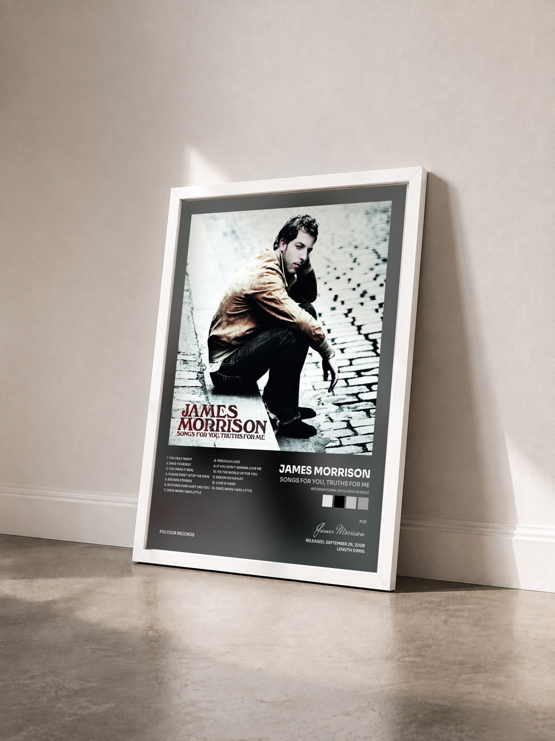 #blanc Tableau de l'album Songs For You, Truths For Me (International Exclusive Bundle) de James Morrison vu de trois quarts, cadre blanc