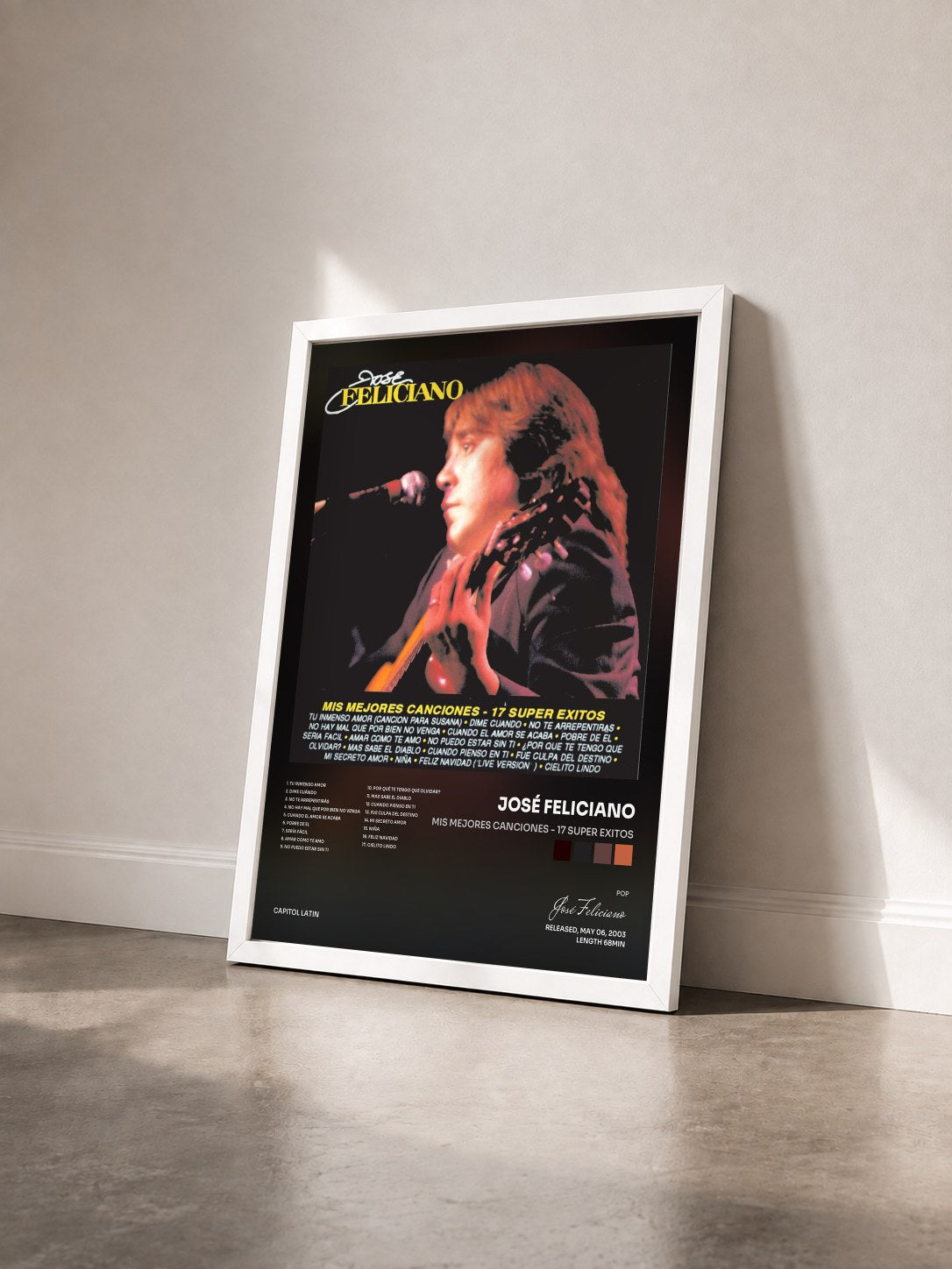 #blanc Tableau de l'album Mis Mejores Canciones - 17 Super Exitos de José Feliciano vu de trois quarts, cadre blanc