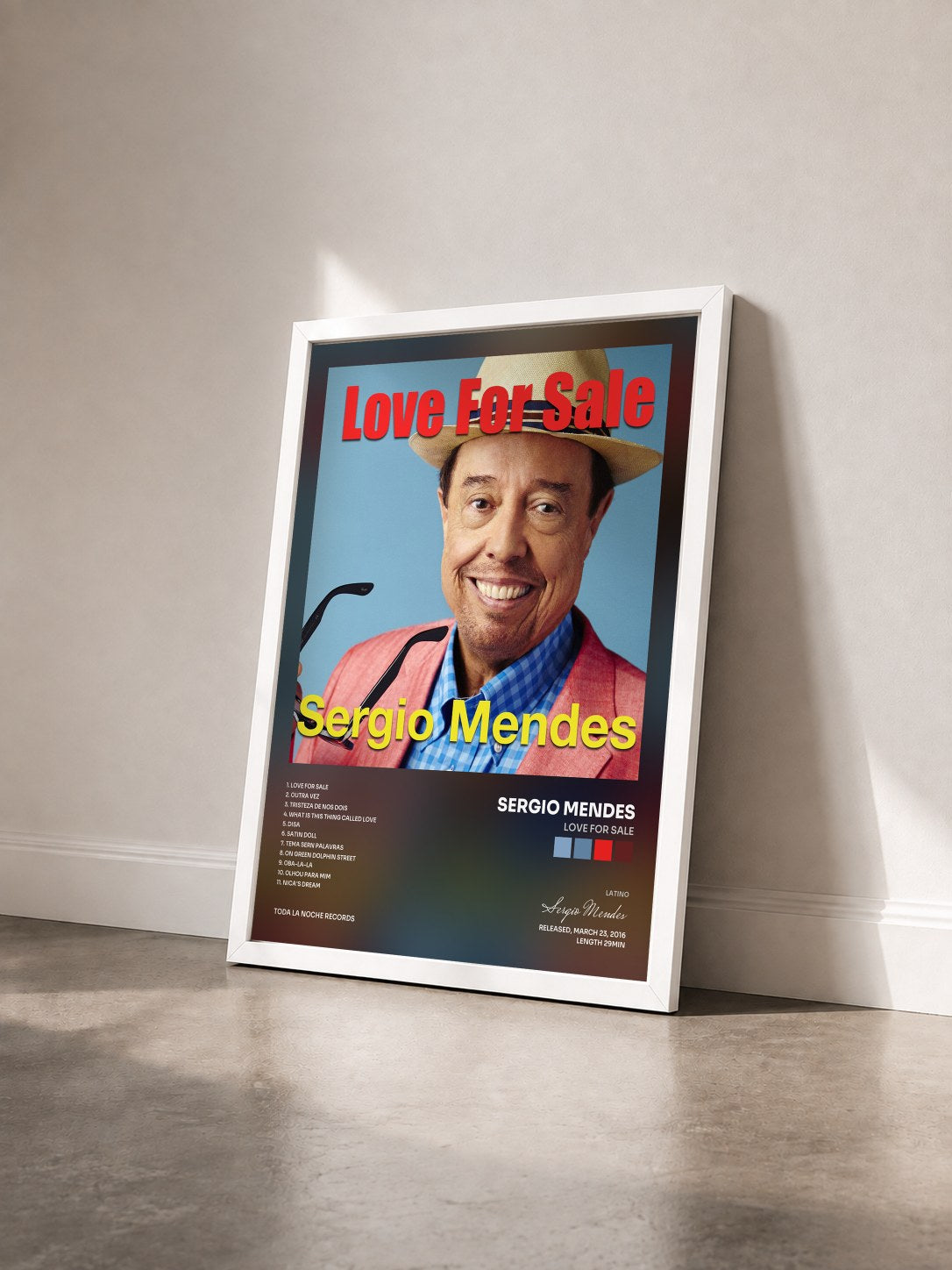 #blanc Tableau de l'album Love For Sale de Sergio Mendes vu de trois quarts, cadre blanc