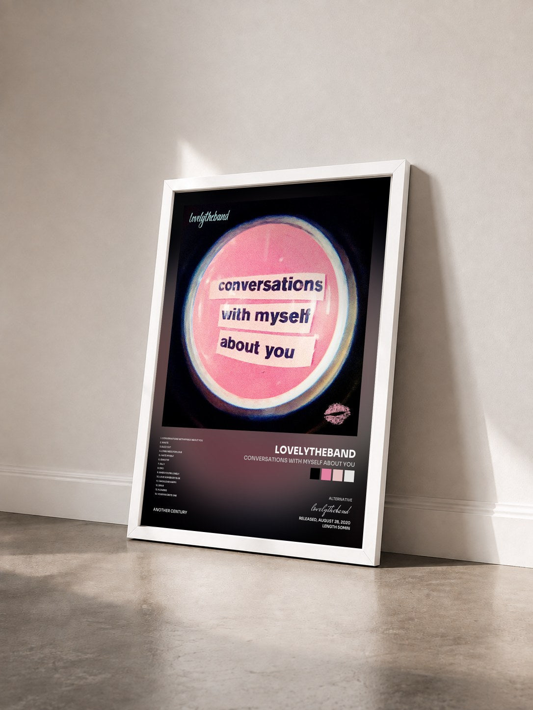#blanc Tableau de l'album conversations with myself about you de lovelytheband vu de trois quarts, cadre blanc
