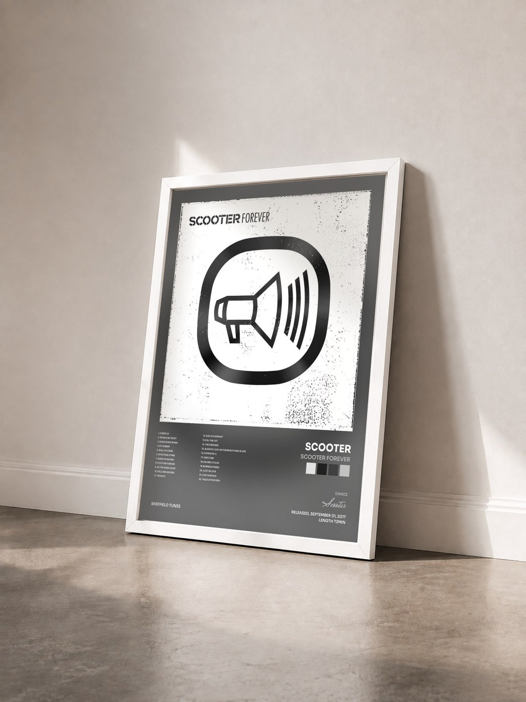 #blanc Scooter Forever by Scooter as a framed art print seen at an angle, white frame